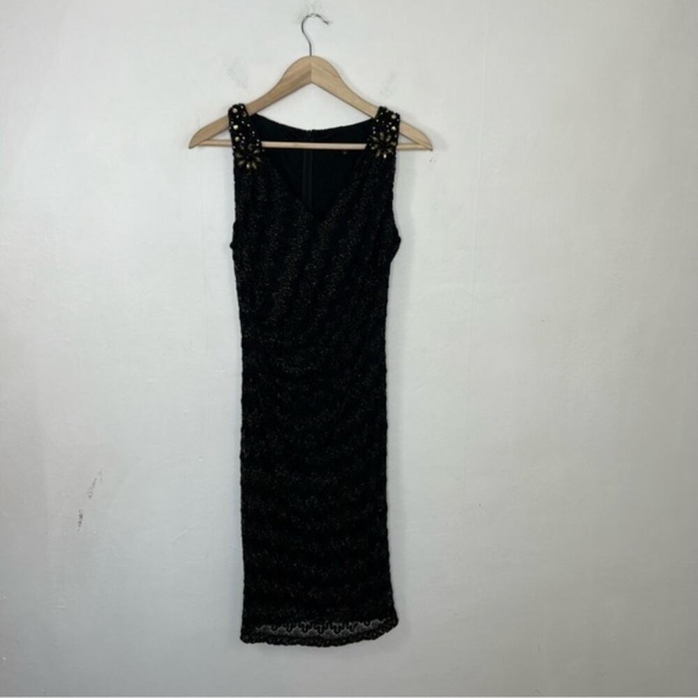 David Meister V Neck Black Gold Beaded Shimmer Cocktail Formal Dress Size 8